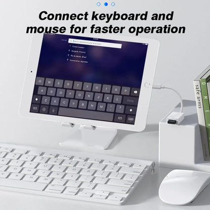White wireless keyboard with sleek minimalist design and smooth keycaps paired with byscoon otg adapter cable converter