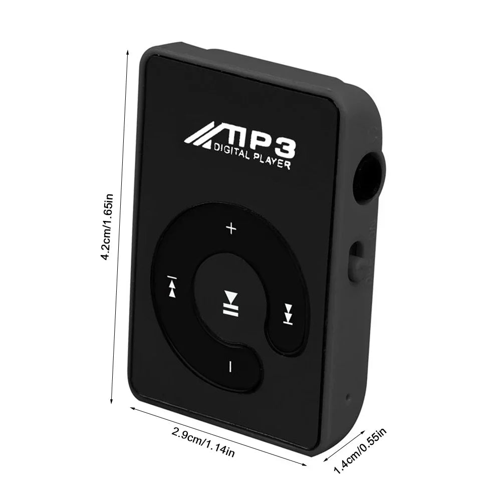 Black rectangular mp3 player walkman with circular control pad and white branding supports micro tf card up to 16gb
