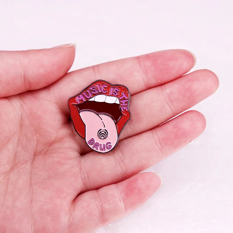 Music Is The Badge Music Festival Enamel Pin Red Lips Brooch Jewelry