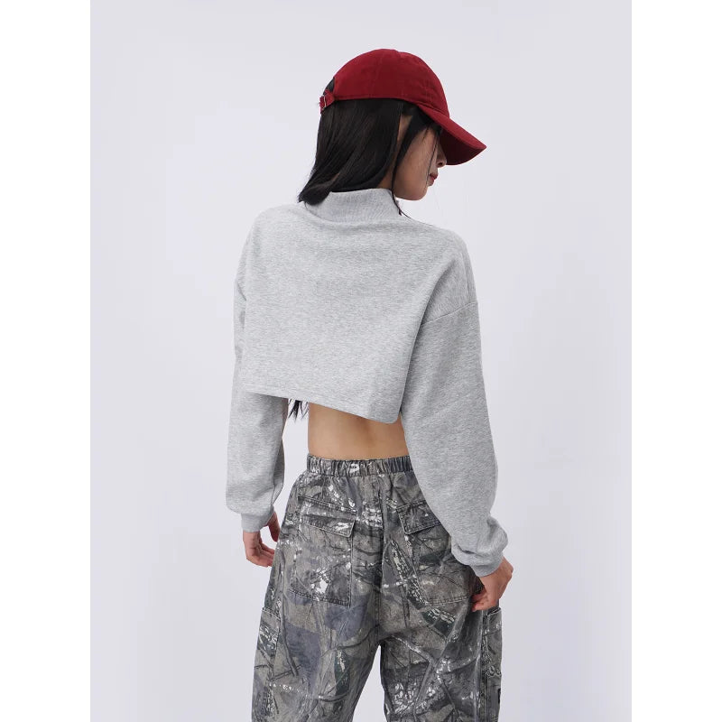 High Waist Loose Fit Ultra-Short Jazz Street Dance Sweatshirt Women's Style Navel Hip Hop Sexy Zipper Cover up Jacket
