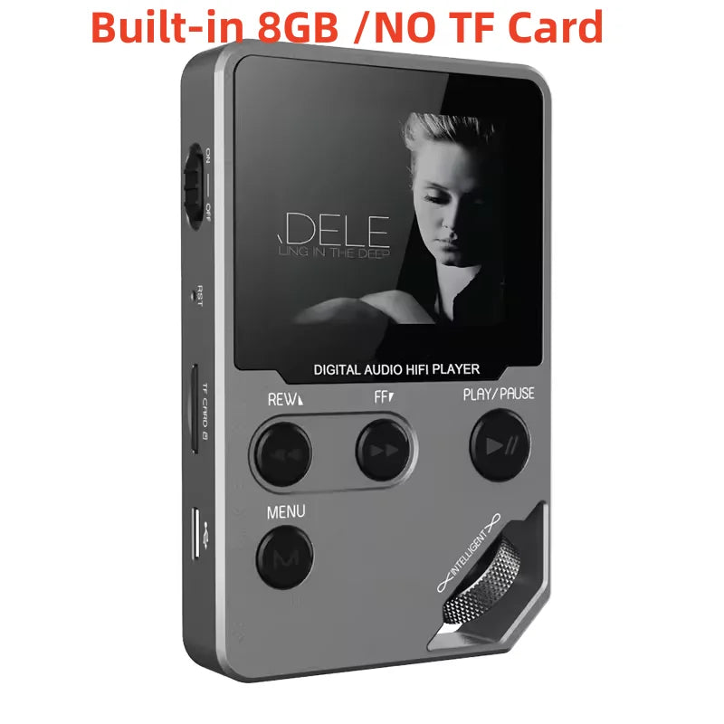 Gray metallic 8gb lossless bluetooth mp3 music player zinc alloy body with sleek screen and rotary playback controls