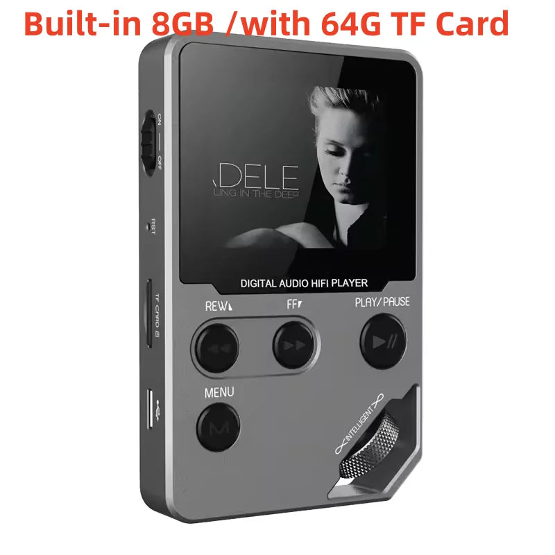 Gray metallic 8gb lossless bluetooth mp3 music player with zinc alloy body and rotary controls displaying album cover