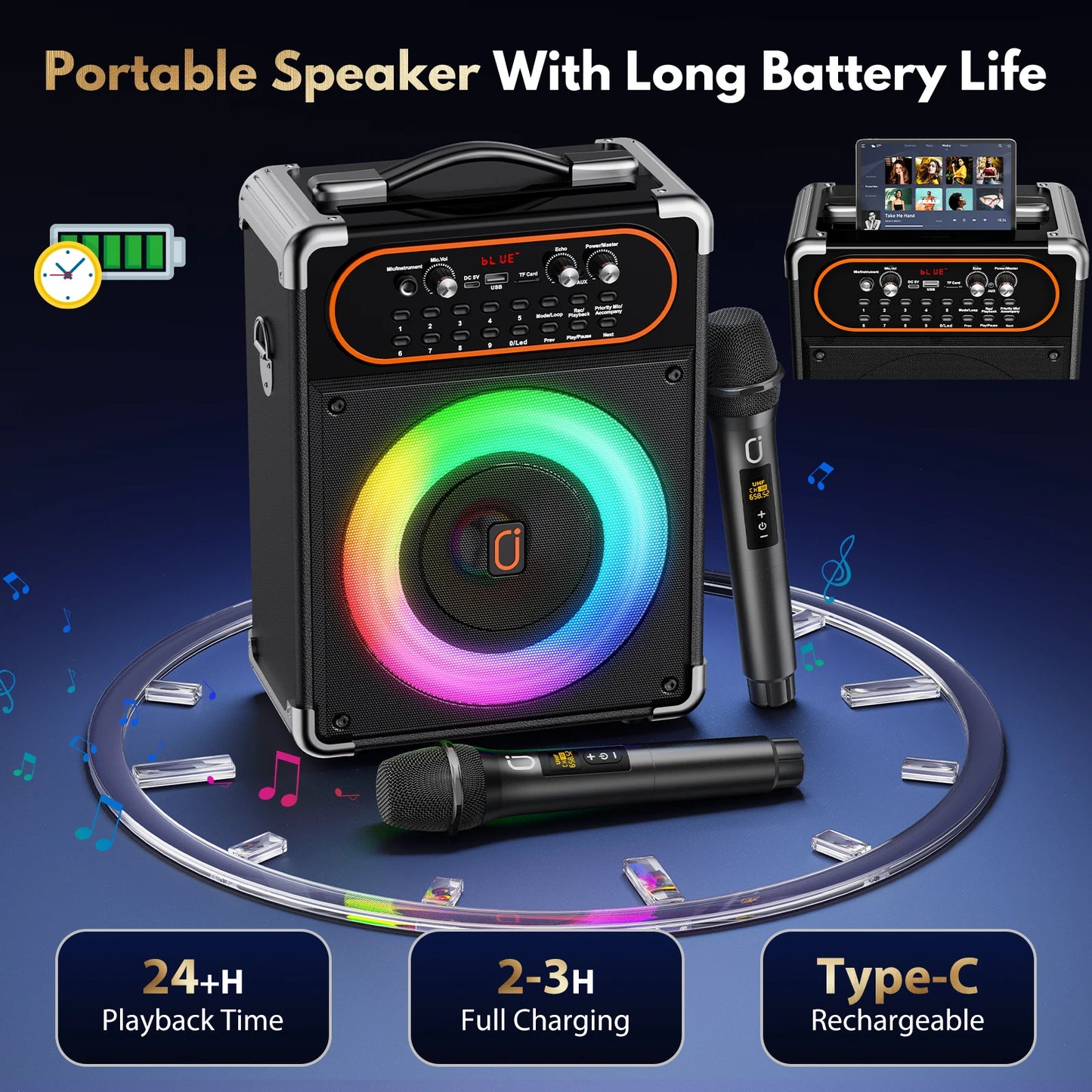 S68 Kara Ok with 2 Microphones, Portable Bluetooth 5.3 Kara Ok Speaker, Suitable for Outdoor Activities, Parties and Parties