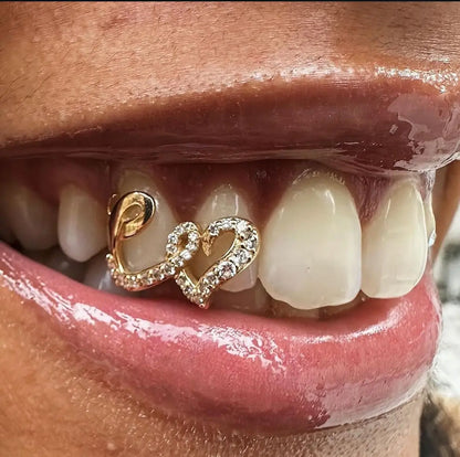 1Pcs Punk Copper Double Heart Teeth Caps for Women Men Hip Hop Zircon Hollow Love Tooth Grillz Couple Jewelry Accessories