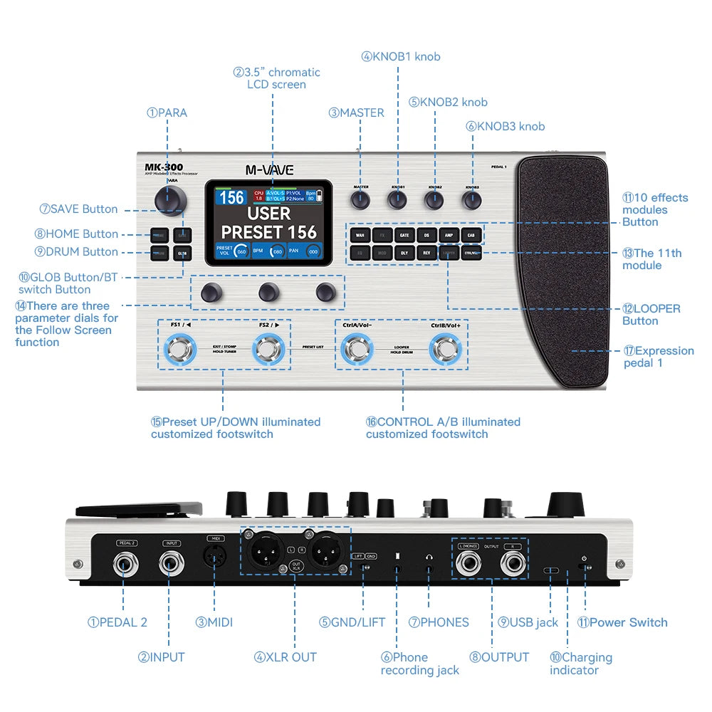 M-VAVE MK-300 Guitar Multi-Effect Processor | ANN Neural Modeling 120AMP/360FX | 10h 150s STEREO LOOPER128 Drum MIDI DAW