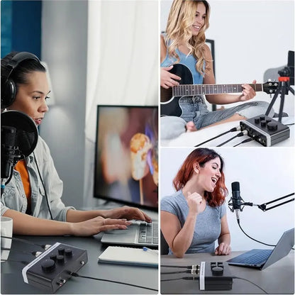 Black and silver cabe home studio audio interface with built-in mic preamplifier phantom for live streaming podcastin