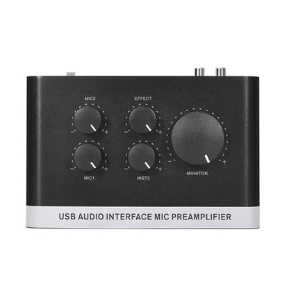 Black usb audio interface mic preamplifier phantom with four control knobs silver labeling for live streaming podcastin