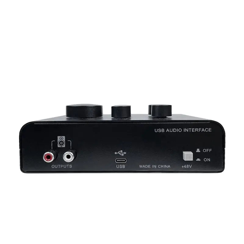 Black usb audio interface with three knobs rca outputs usb port and on off switch for live streaming podcastin mic preamplifier phantom
