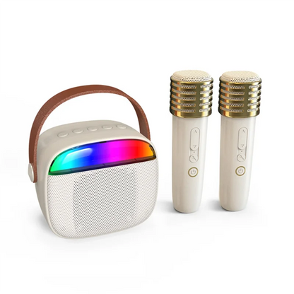 Cream-colored cabe-karaoke machine portable with brown leather handle rainbow led lights and two gold-topped bluetooth microphones kids supports aux