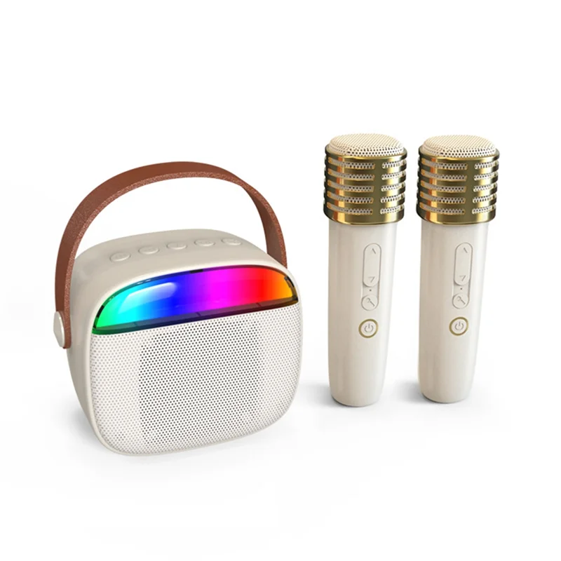 Cream-colored cabe-karaoke machine portable with brown leather carrying handle rainbow led and two bluetooth microphones
