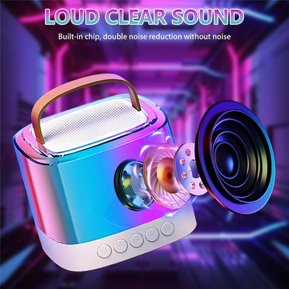 Iridescent rainbow-colored cabe-karaoke machine portable with bluetooth microphones white base handle kids supports aux