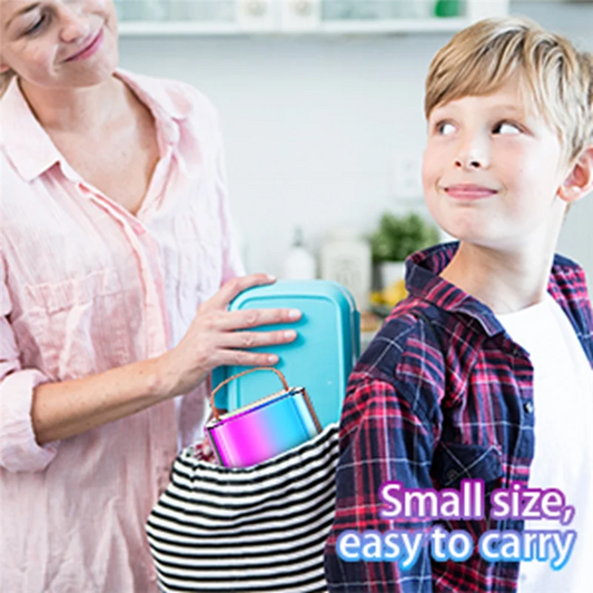 A vibrant pink and blue insulated lunchbox with metallic handle shown alongside the cabe-karaoke machine portable with bluetooth microphones and kids supports aux features