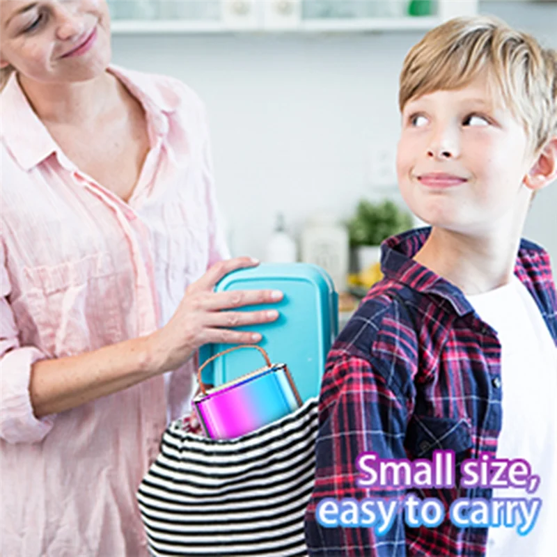 A vibrant iridescent pink and blue insulated lunchbox with a metallic handle for cabe-karaoke machine portable with bluetooth microphones and carrying handle