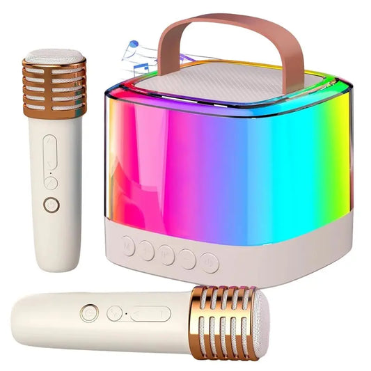 Rainbow-colored glossy plastic karaoke machine portable with beige base and handle for home party music Bluetooth speaker