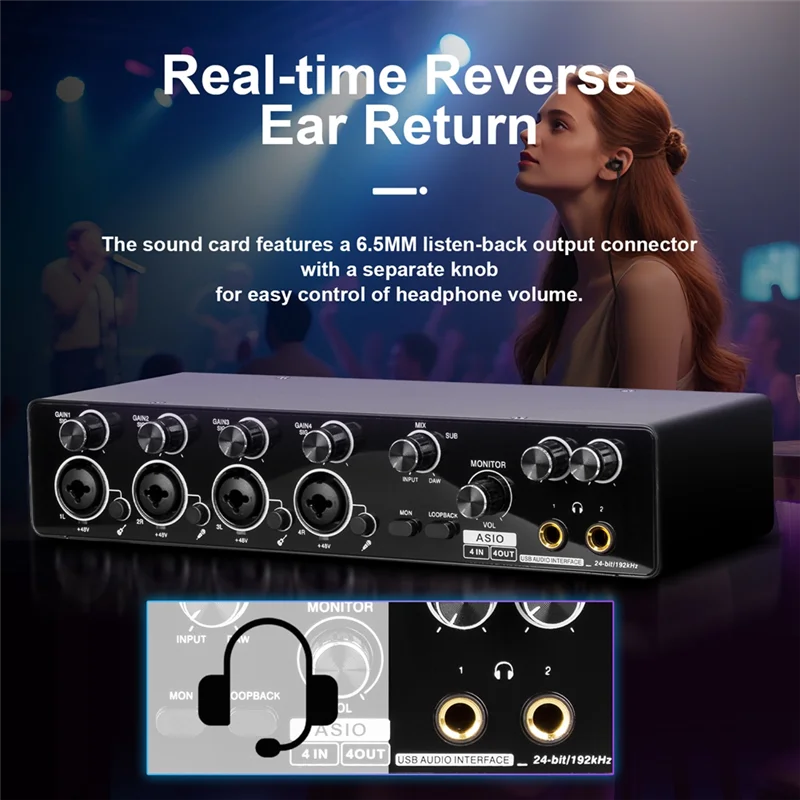 Black usb audio interface with multiple jacks and knobs for real-time reverse ear return in live recording sound card mic preamplifier