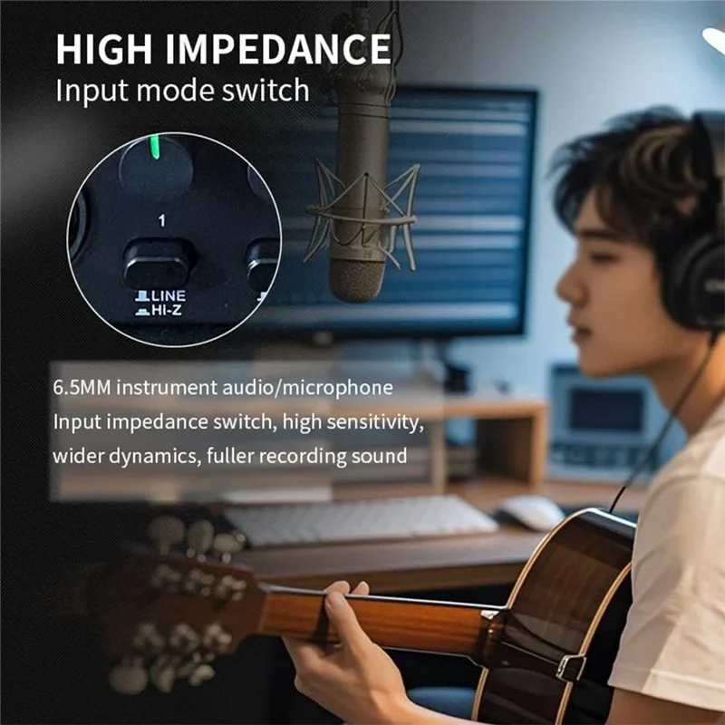 Black high impedance input mode switch with line and hi-z settings on professional sound card audio for guitar live recording