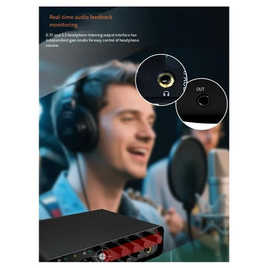 Black sound card audio interface with red gain knobs and 6.35mm output jack for electric guitar live recording