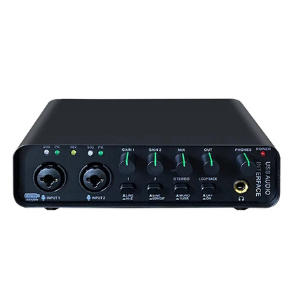 Black sound card audio interface with two xlr inputs gain knobs and 3.5mm jack for function electric guitar live recording