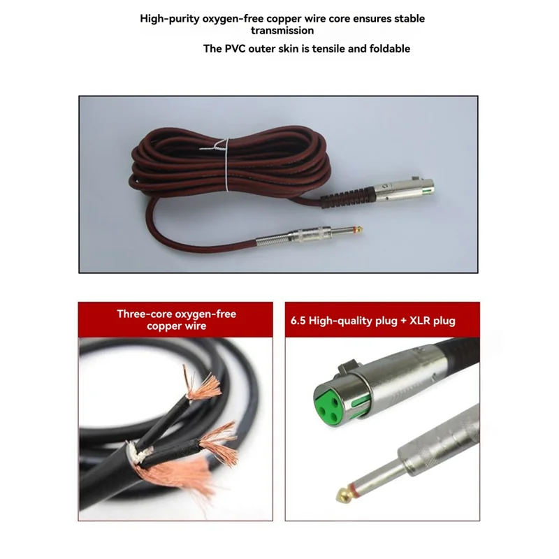 A coiled dark brown pvc-sheathed dynamic wired handheld audio cable with 6.5mm xlr plug and 3.5mm jack ends