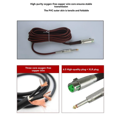 A coiled dark brown pvc-sheathed dynamic wired handheld audio cable with 6.5mm xlr plug and 3.5mm jack ends