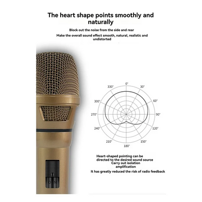 Gold-colored cabe-studio mic professional dynamic wired handheld microphone with heart-shaped grille and mesh pattern