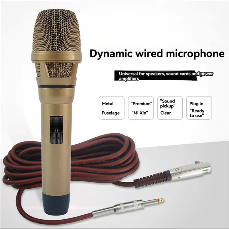 Cabe-studio mic professional dynamic wired handheld microphone in gold with mesh grille and coiled red cable for anti-howling