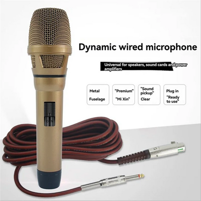 Cabe-studio mic professional dynamic wired handheld microphone in gold with mesh grille and coiled red cable for anti-howling