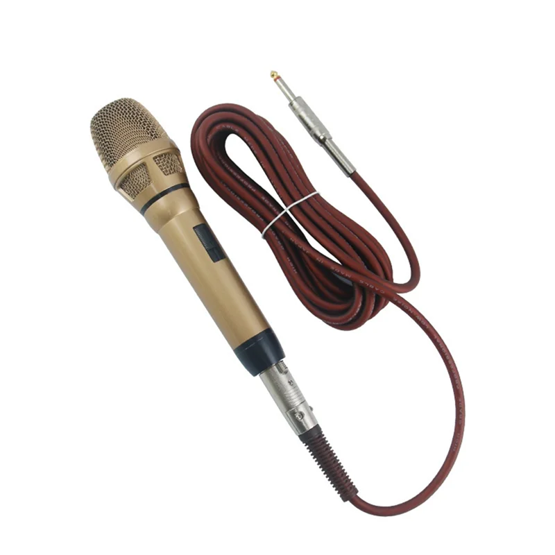 Gold-colored CABE-Studio mic professional dynamic wired handheld microphone with mesh grille and coiled maroon XLR cable