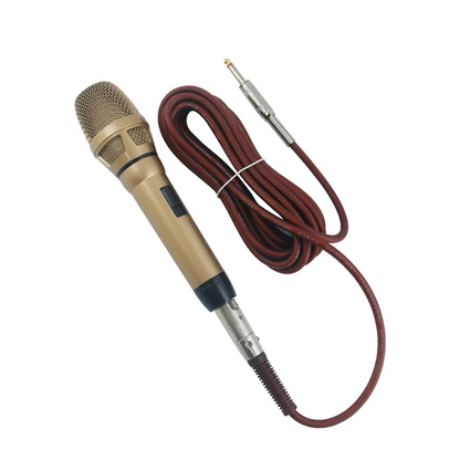 Gold-colored CABE-Studio mic professional dynamic wired handheld microphone with mesh grille and coiled maroon XLR cable