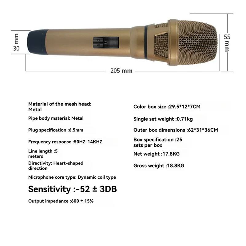 Gold-colored CABE-Studio mic professional dynamic wired handheld microphone with metallic mesh head and black grip for studio use