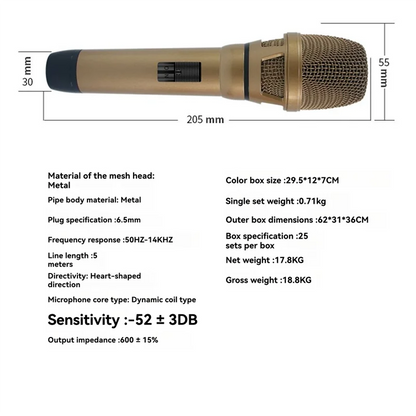Gold-colored CABE-Studio mic professional dynamic wired handheld microphone with metallic mesh head and black grip for studio use