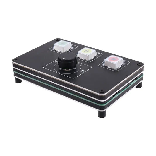 Black rectangular cabe-usb audio controller keyboard with three illuminated buttons and central rotary knob for shortcuts