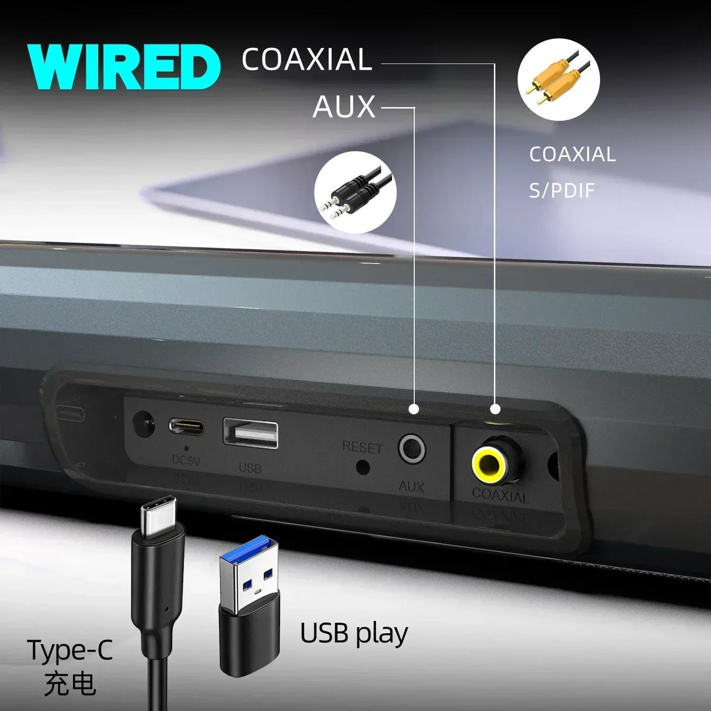 Black som bs55 100w home theater system back with usb aux coaxial spdif ports wireless tv computer bletooth speaker subwoofer