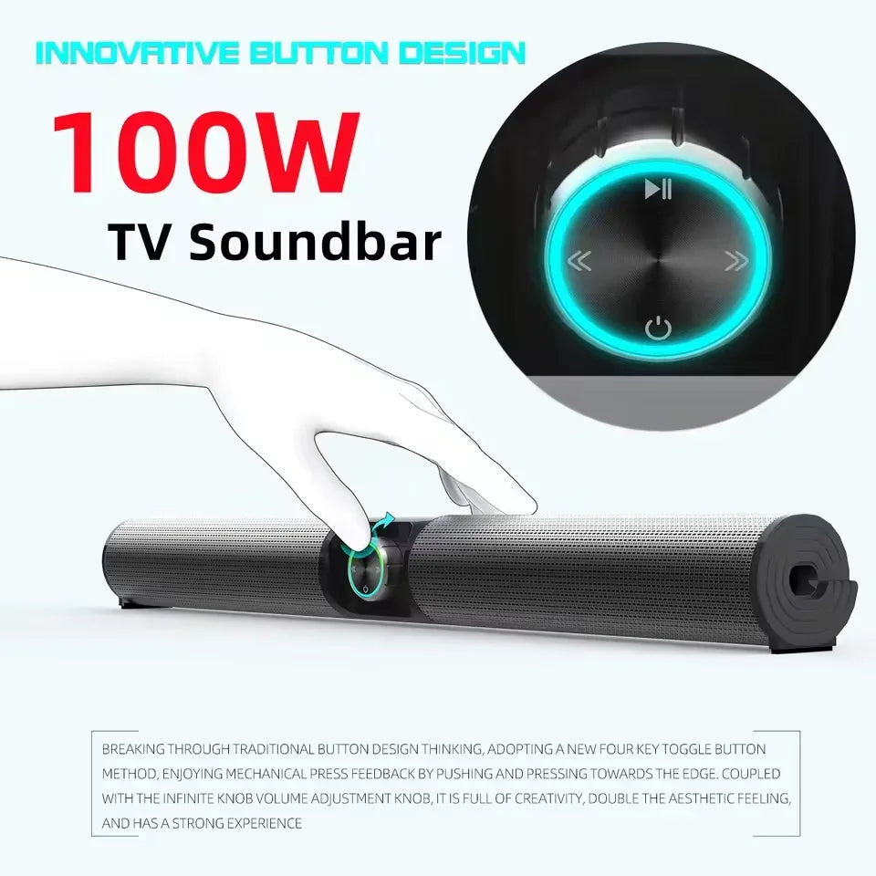 Black som bs55 100w home bletooth speaker subwoofer with textured surface and blue backlit wireless tv computer soundbar control knob