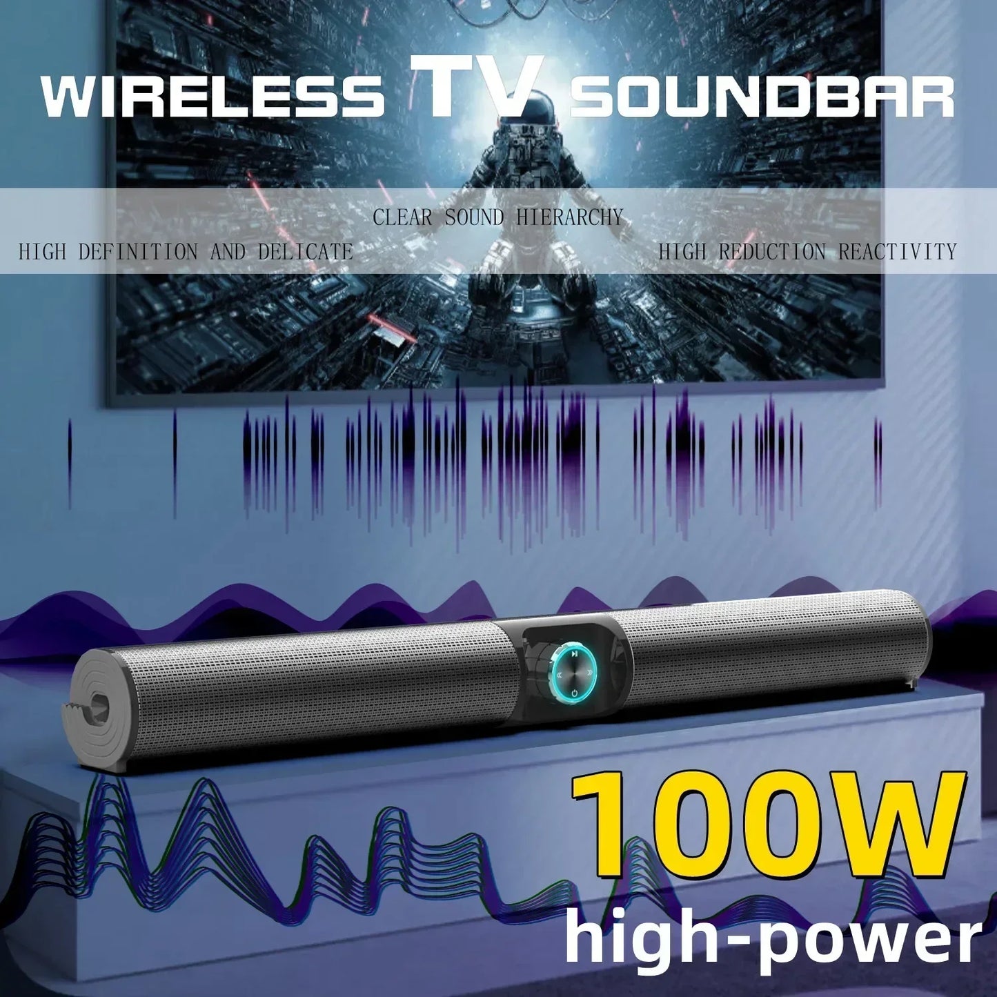 Silver textured wireless tv computer soundbar with glowing blue control panel som bs55 100w home bletooth speaker subwoofer