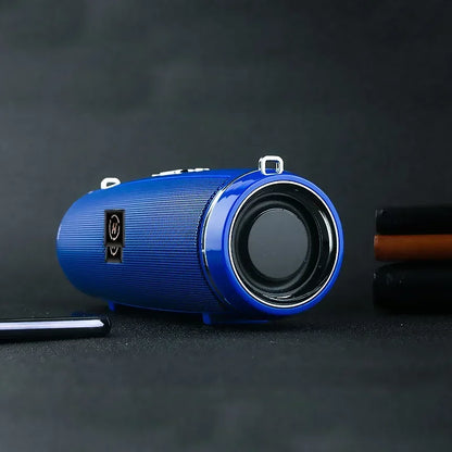 Blue cylindrical som portable wireless speaker bluetooth 200w with textured fabric and metallic accents for high power outdoor use