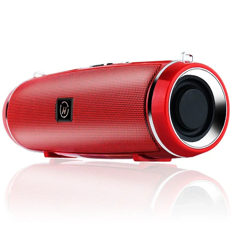 Red cylindrical portable wireless speaker with mesh grille and silver trim for high power outdoor stereo surround tws audio