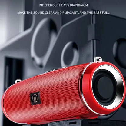 Red cylindrical som portable wireless speaker bluetooth 200w with mesh grille and silver trim for high power outdoor use