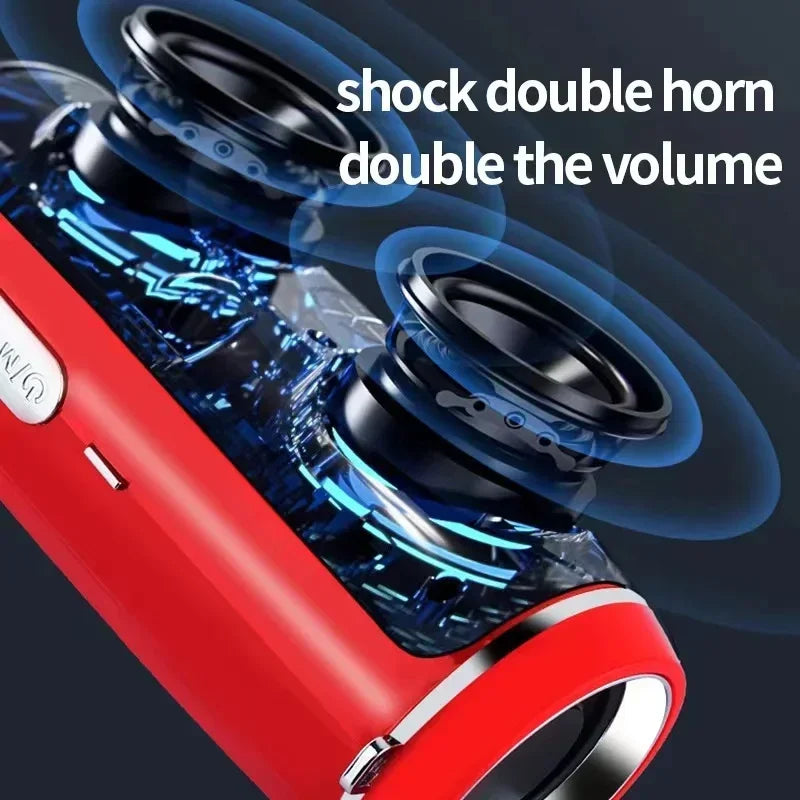 Red som portable wireless speaker bluetooth 200w with transparent blue casing and dual black shock horn drivers for high power outdoor use