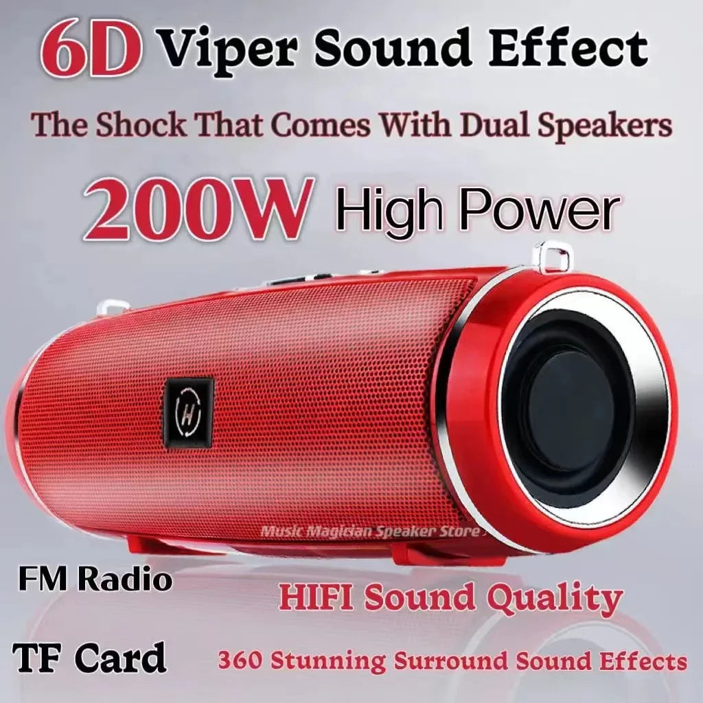 Red cylindrical som portable wireless speaker bluetooth 200w with chrome accents and high power outdoor 3d stereo sound