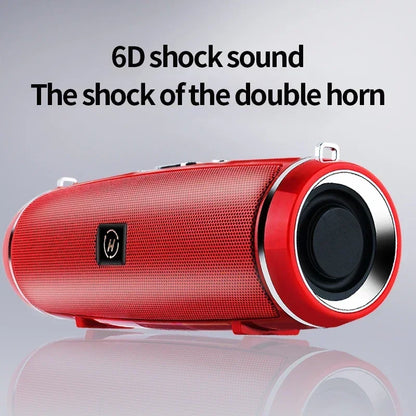 Red cylindrical portable wireless speaker with chrome driver and silver loop for high power outdoor stereo surround tws audio