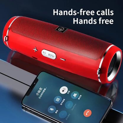 Vibrant red cylindrical portable wireless speaker with silver trim and control buttons for high power outdoor stereo surround tws use
