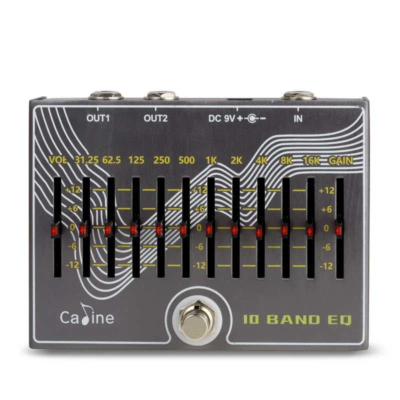 Caline CP-81 10 band eq guitar pedal with true bypass design, silver wave patterns, red-tipped knobs, and yellow labeling