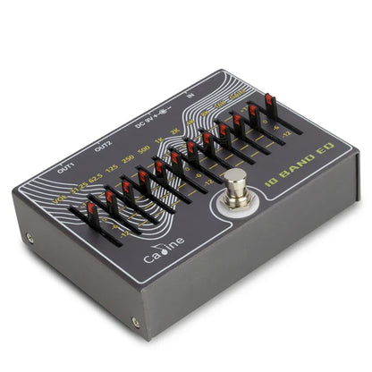 Black Caline CP-81 10 band EQ guitar pedal with red-tipped knobs, silver footswitch, and true bypass design