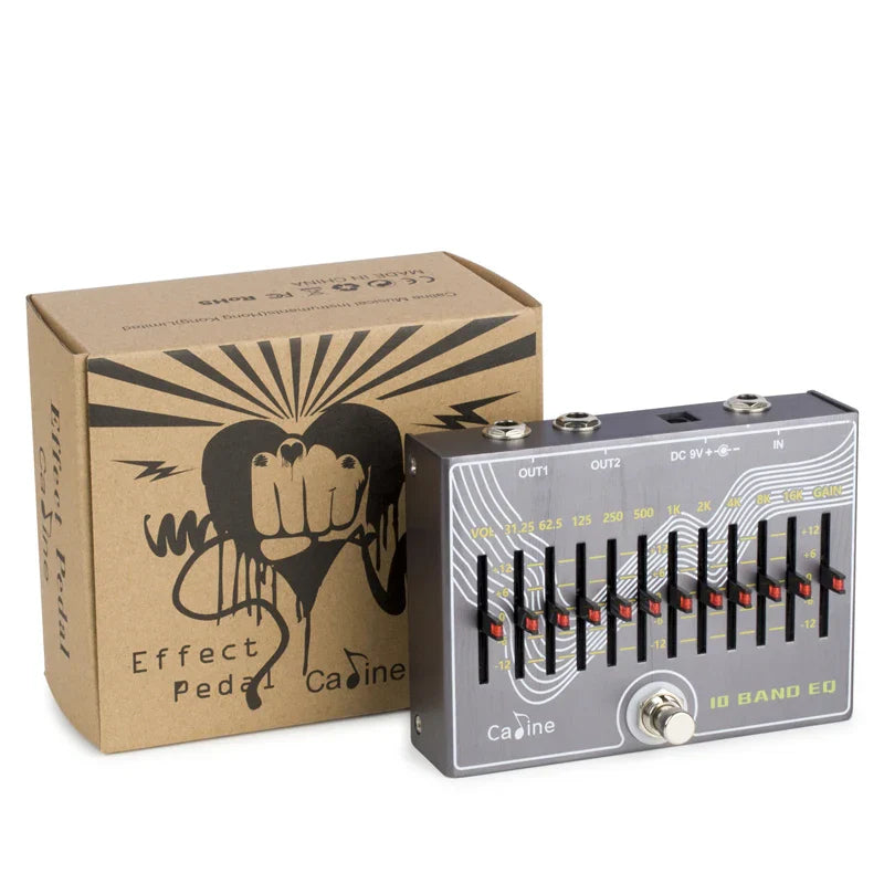 Gray metal caline cp-81 10 band eq guitar effect pedal with red-tipped knobs silver footswitch and true bypass design
