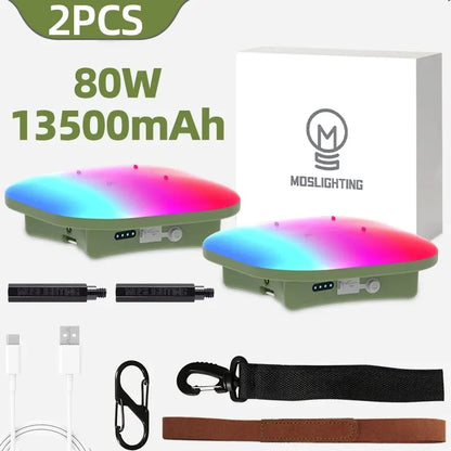Two olive green square led light panels with rgb surface and usb ports for moslighting camping and music sync rgb use