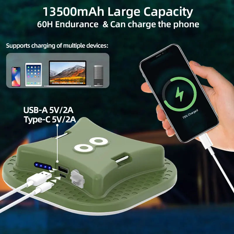 Olive green cat-shaped wireless charging pad with 13500mah battery and usb ports for moslighting camping use