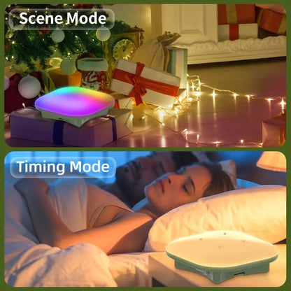 A sleek oval smart sleep aid device with a white top and teal base for moslighting camping and music sync rgb use