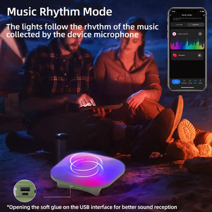 A sleek square wireless camping lantern with glowing purple blue light pattern and music sync rgb led tent lighting