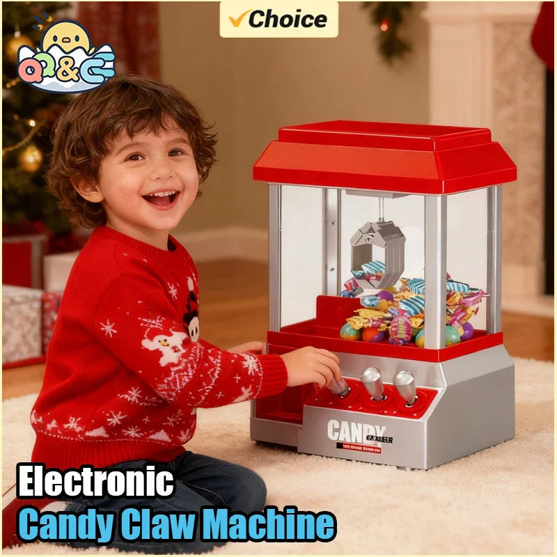 Red and silver electronic candy claw machine with transparent front displaying colorful candies and retro carnival music